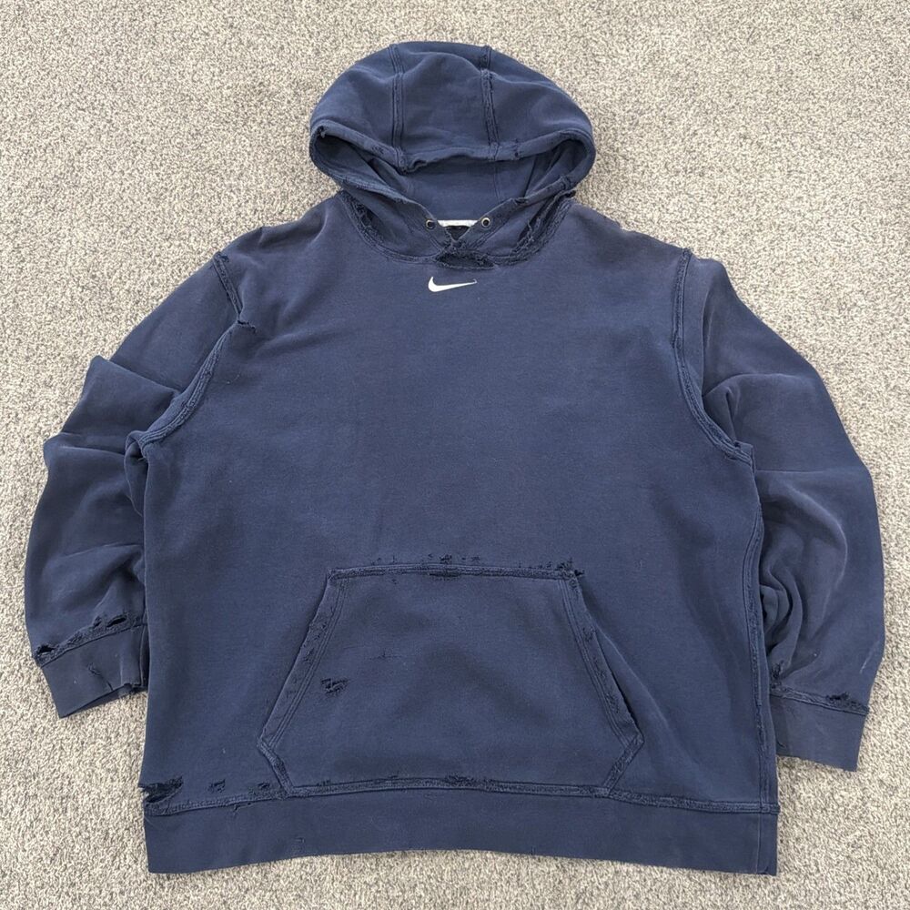 GRAIL Vintage 90s Nike Center Swoosh Thrashed Distressed Blue Hoodie Mens XL 2XL